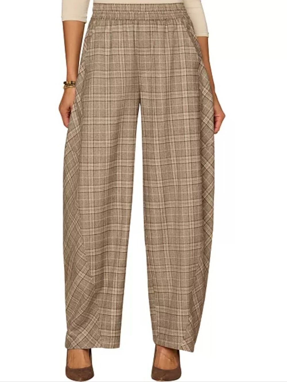 NWT Democracy Plaid Relaxed Straight Barrel Leg Pull-On Pants in Brown and Cream